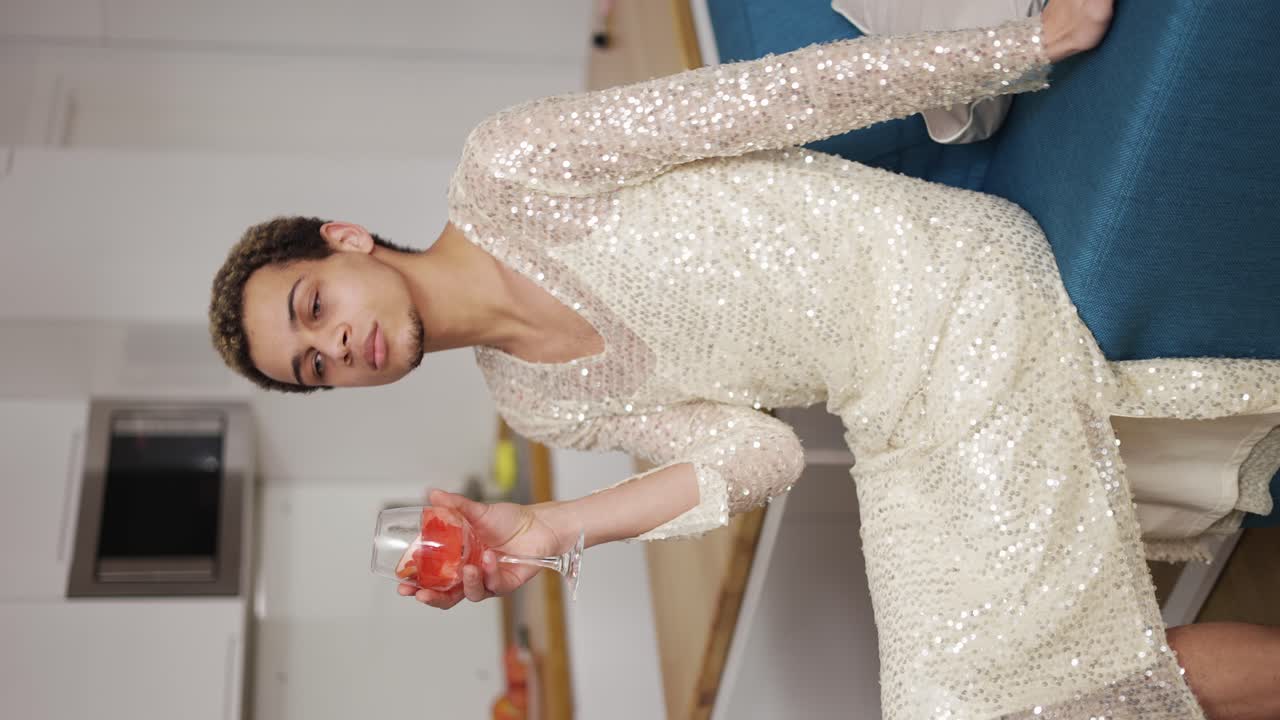 침대 위에 앉아 와인을 마시는  ⁇  드레스를 입은 웃는 남자