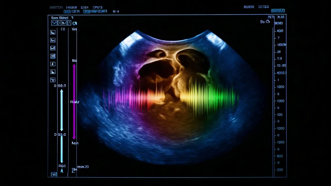 A detailed examination of an ultrasound image showcasing colorful sound waves and anatomical features, highlighting the intricate structures within the body and the technological advancements in imaging procedures