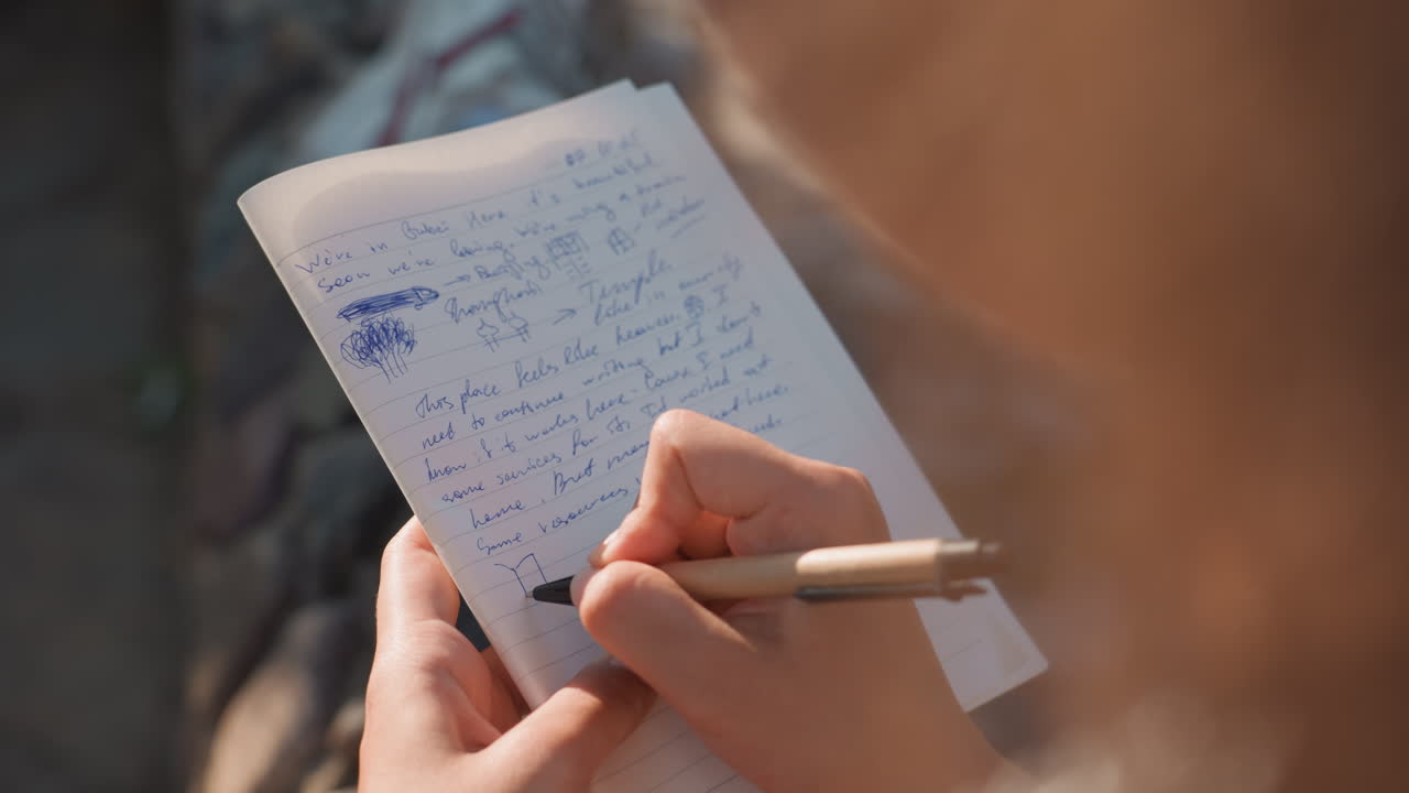 Personal journal snapshot. Handwritten notes on textured paper. Intimate reflection captured on notebook page. Detailed view of personal diary with handwritten entries and gentle hair focus