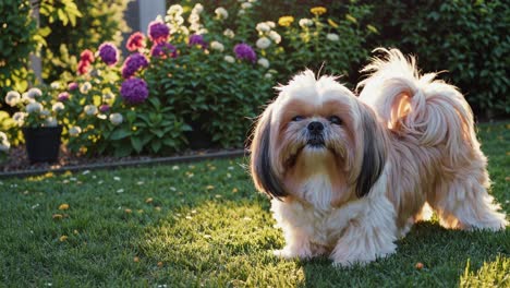 a small dog stands on grass in a garden, surrounded by colorful flowers
