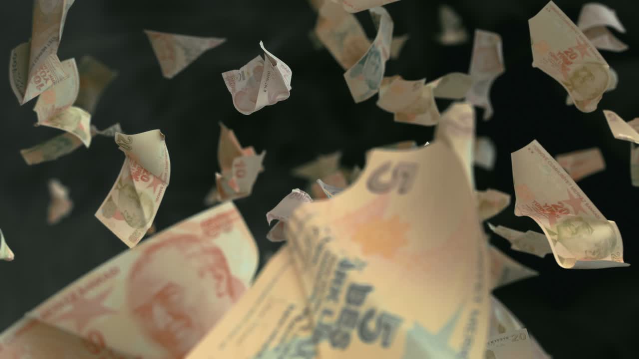 터키 리라 지폐가 떨어지는 4k 루프