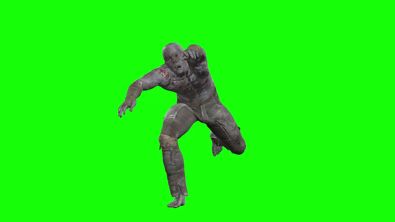 3D male zombie running with hands up on green screen seamless loop 3D animation, front view