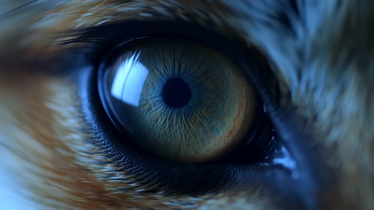 Extreme macro view of animal eye at level perspective, showing slight corneal highlight movement, small pupil change and glossy wet texture with soft shadows and natural detail, with eye, iris, pupil