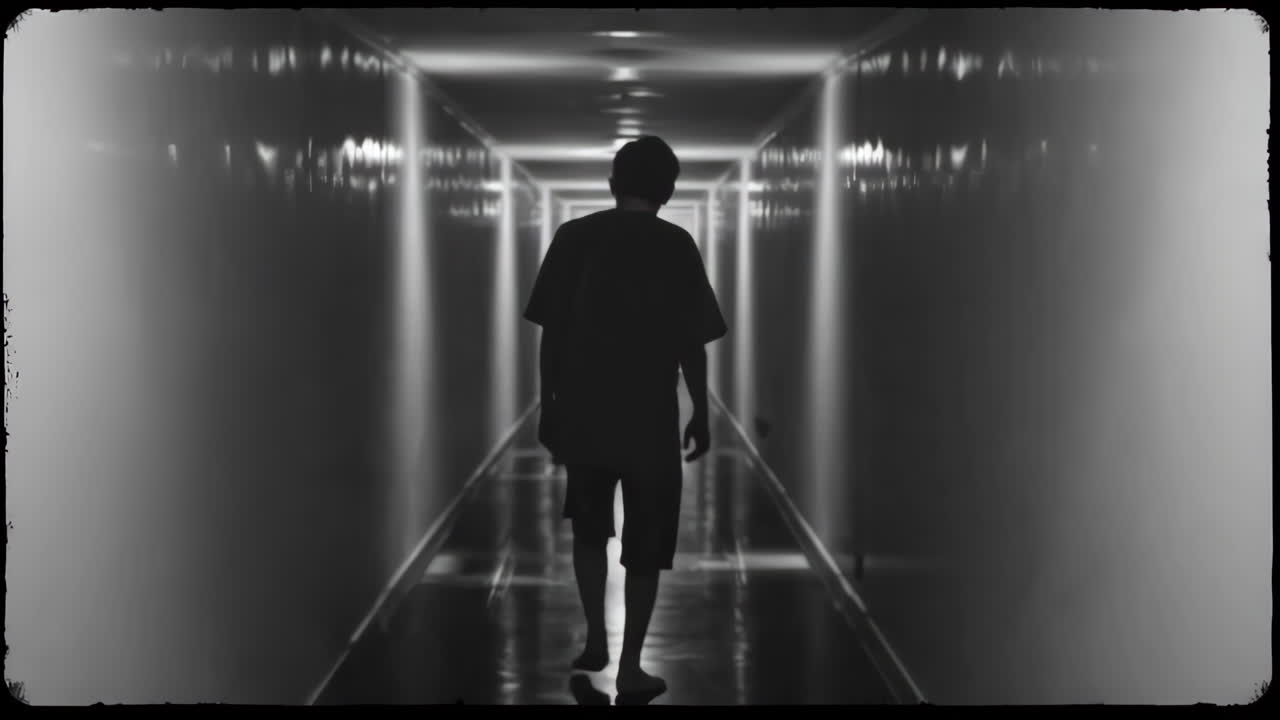 Man Walking Down a Long Hallway