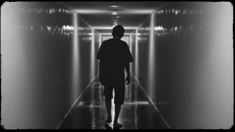 man walking down a long hallway