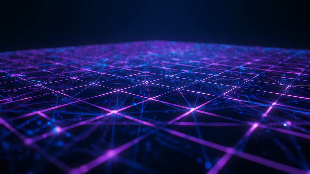 With undulation neon-lit network grid and glowing nodes pulsating across void, conveying data flow
