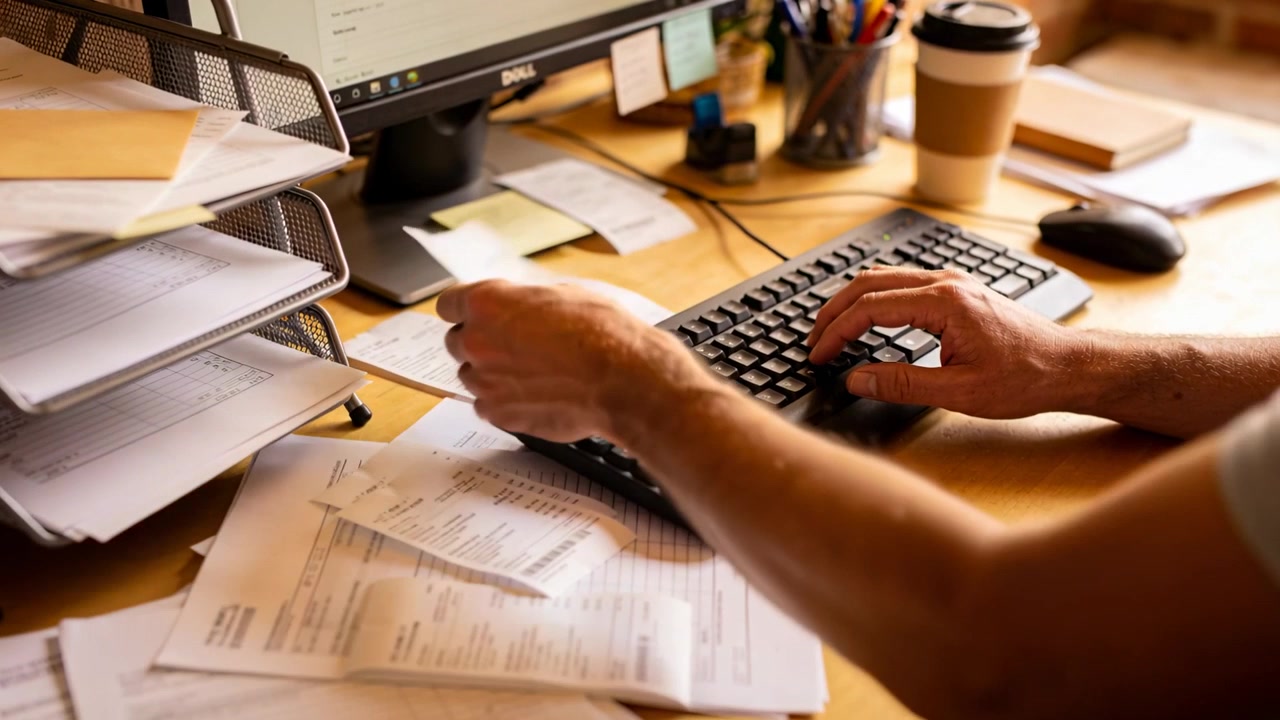 Picking up receipt, worker hands comparing slip to screen at desk, tapping keys, entering data
