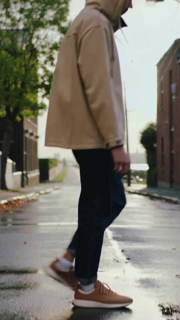 Vertical video: Entering left, man walking toward waterfront on wet street in beige hooded jacket