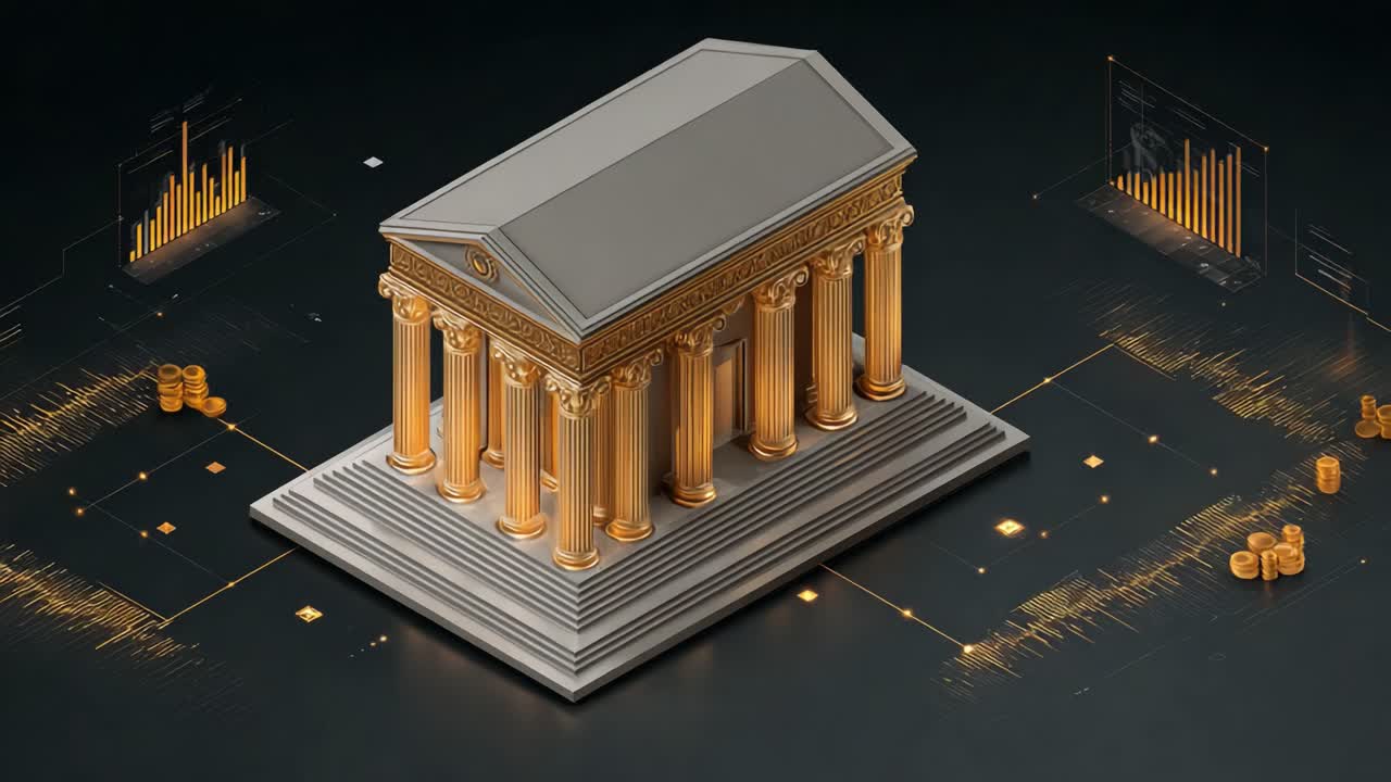 A Stunning 3D Rendering of a Classical Temple Structure Surrounded by Digital Graphs and Data Visualizations, Highlighting the Intersection of Tradition and Technology