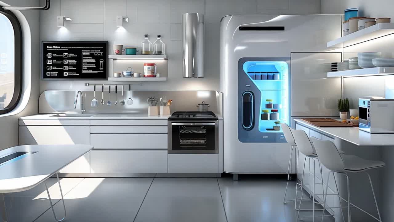 Futuristic kitchen with smart appliances and modern design