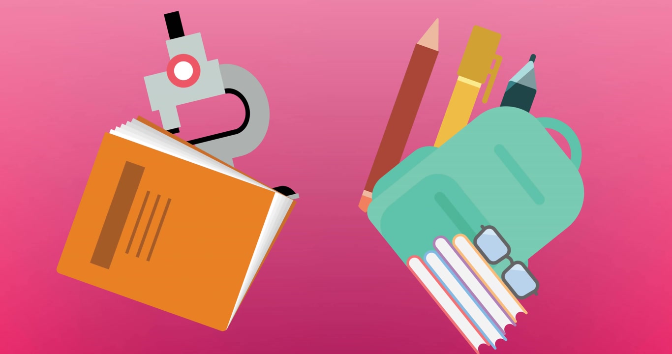 Animation af flere skolekonceptikoner med plads til tekst på lyserød gradientbaggrund.
