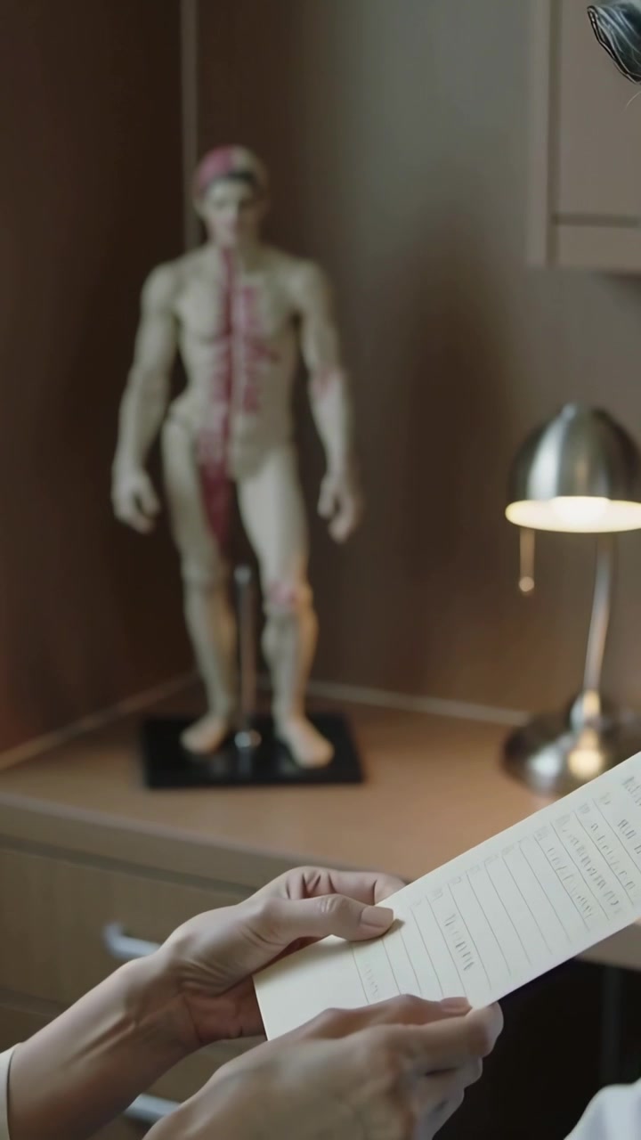 Vertical video: Presenting man wearing shirt handing sheet from below for consult, torso
