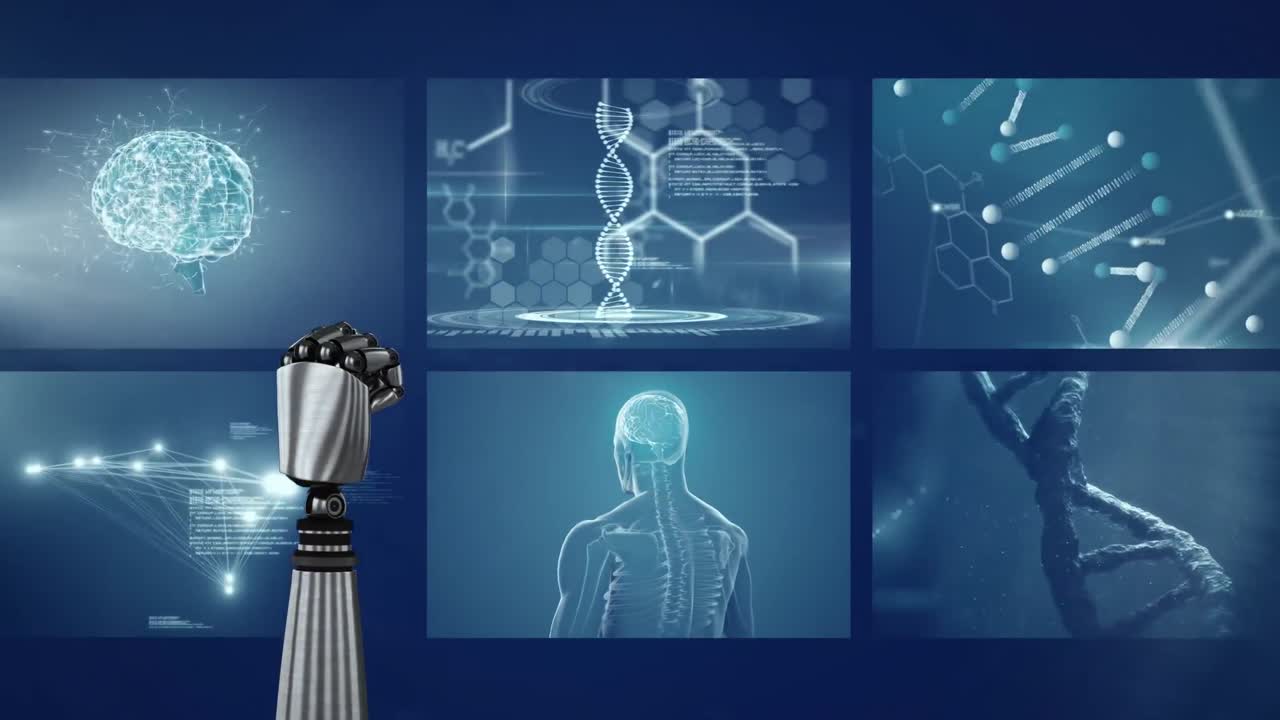 video generado digitalmente de la mano robótica y el procesamiento de datos médicos