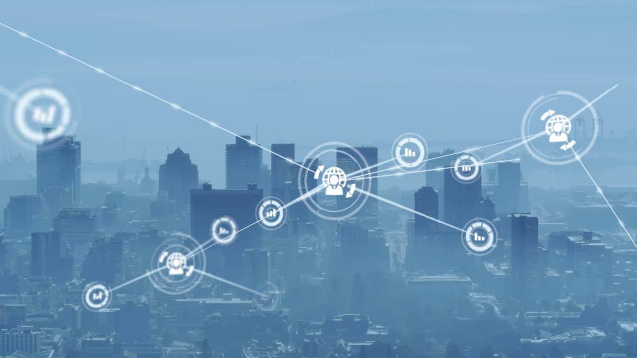 Animazione di una rete di icone digitali su una veduta aerea di un paesaggio urbano