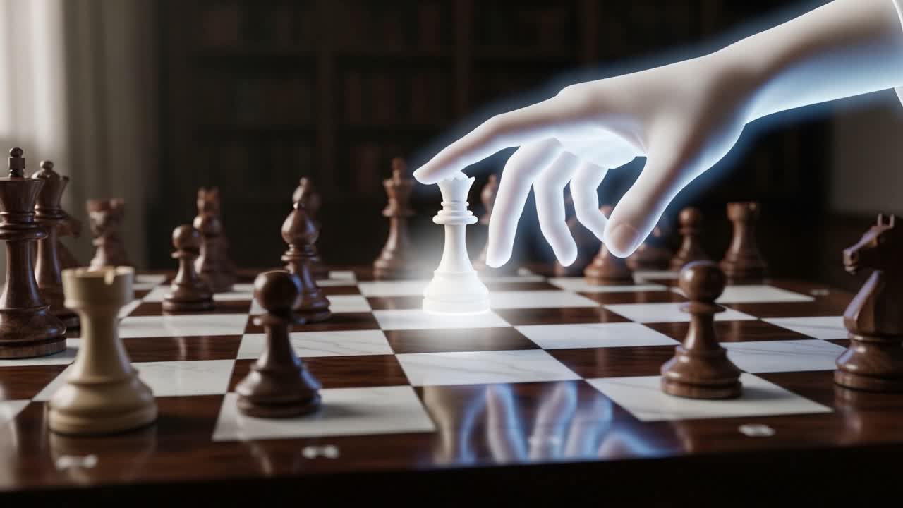 A Surreal Chess Match: An Ethereal Hand Reaches for the Queen Piece, Bridging the Gap Between Reality and Imagination on the Checkered Board