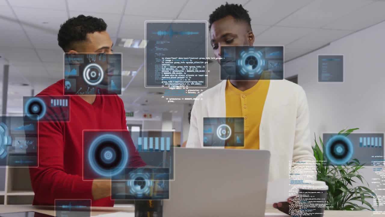 Animation of round scanners and data processing against two diverse men discussing at office