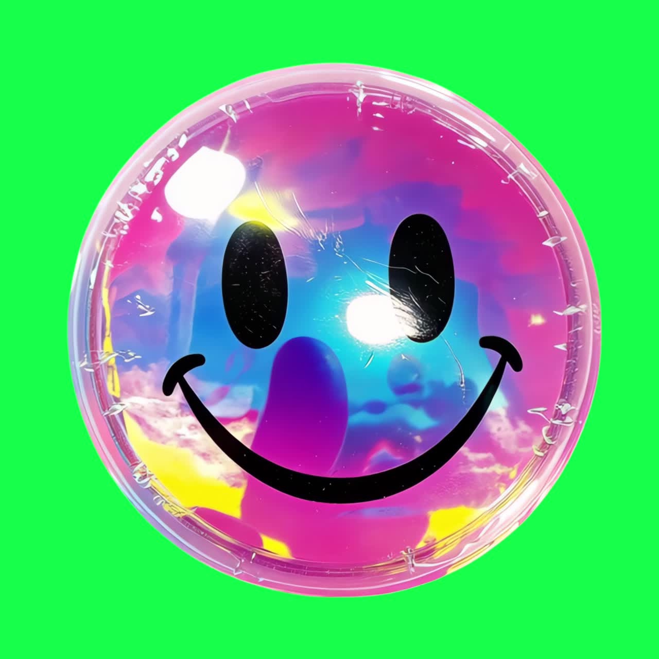 Vibrant psychedelic smiley face animation, transparent 4K video, green screen