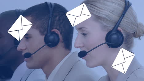 group of call centre agents talking to clients