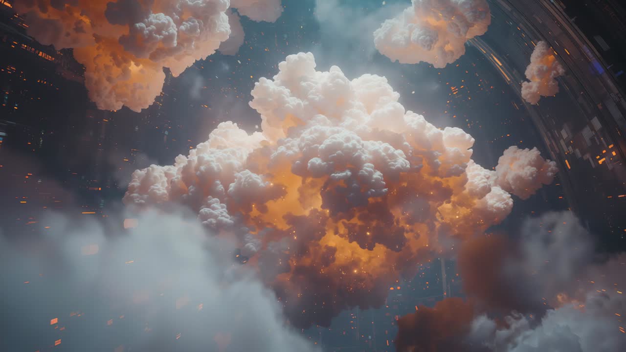 Opening with golden glowing cloud billowing and pulsing in curved metal chamber, with rising embers