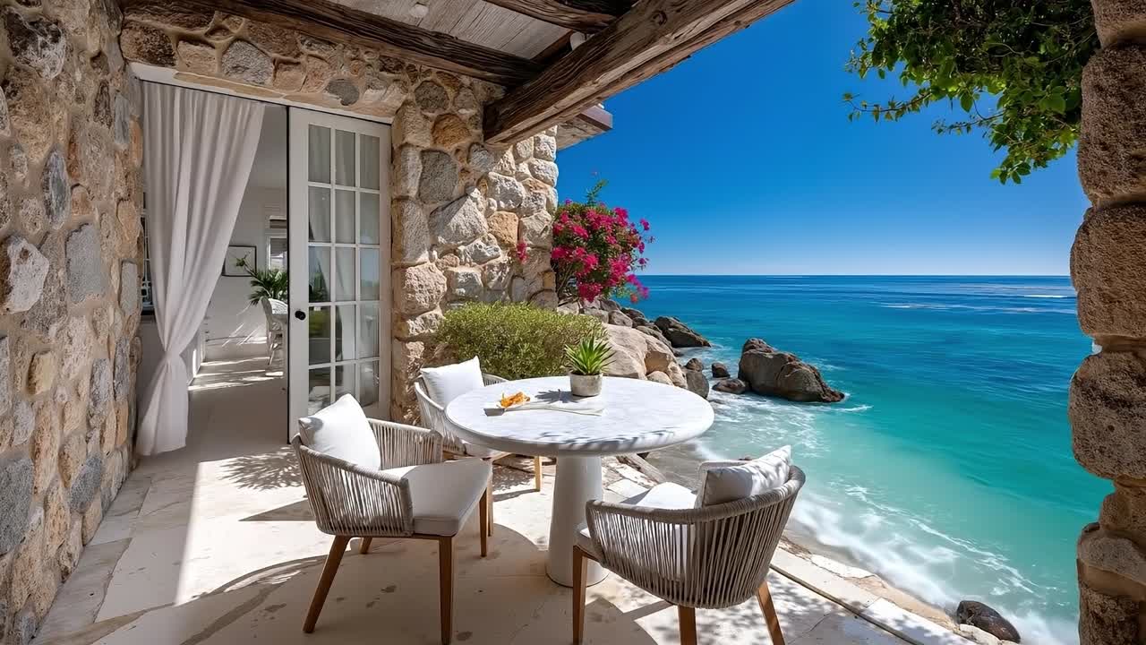 A patio with a table and chairs overlooking the ocean