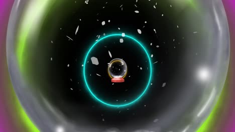 animation of christmas snow globe with snow falling and neon circles on black background