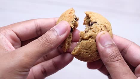 broken chocolate chip cookie in hands