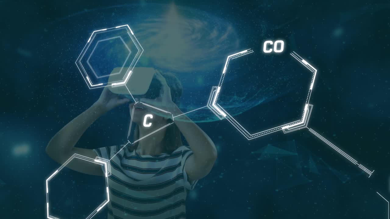 animación de iconos médicos sobre mujer caucásica usando auriculares vr