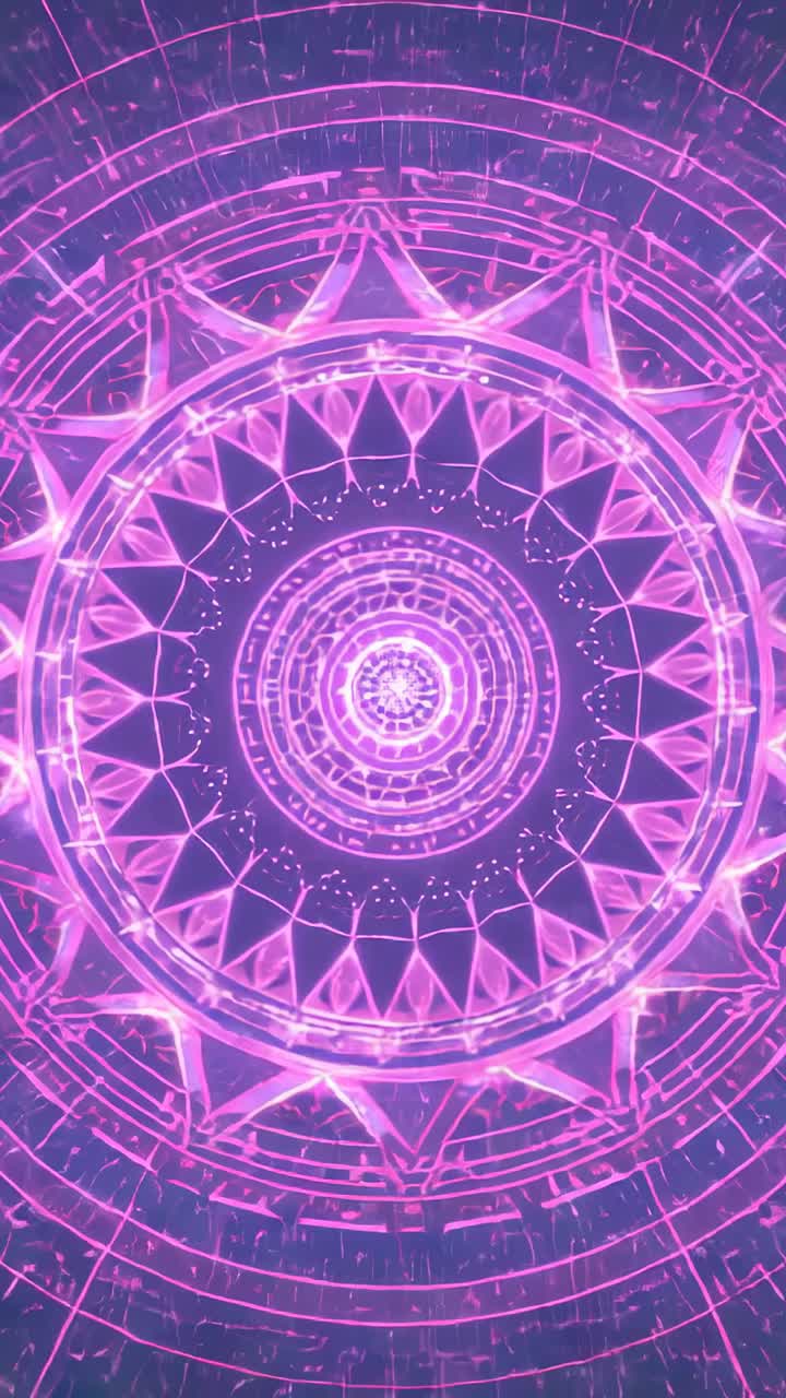 Vertical video: Opening virtual space, neon rings rotating while pulsing with streaming particles