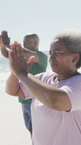 vertical video of senior african american couple doing yoga at beach, in slow motion