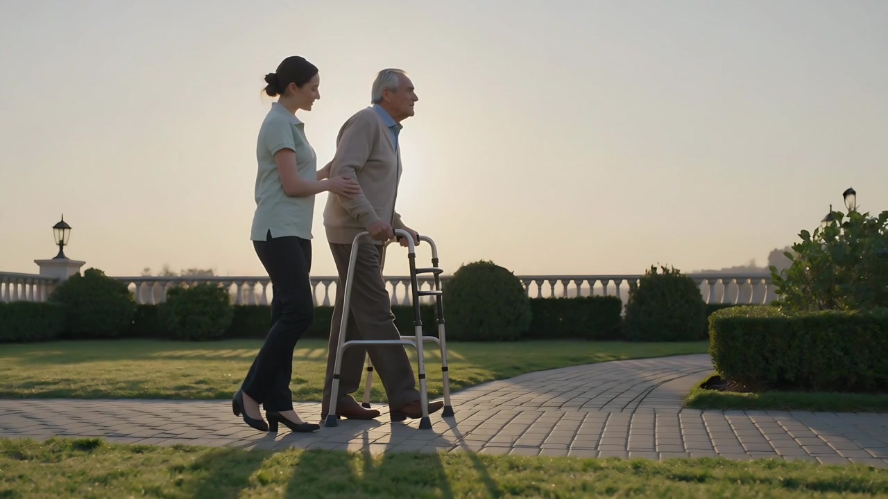 Eldre mann plasserer rullatoren på belegningsstein og går langs hagegangen, mens en omsorgsperson i grønn topp støtter