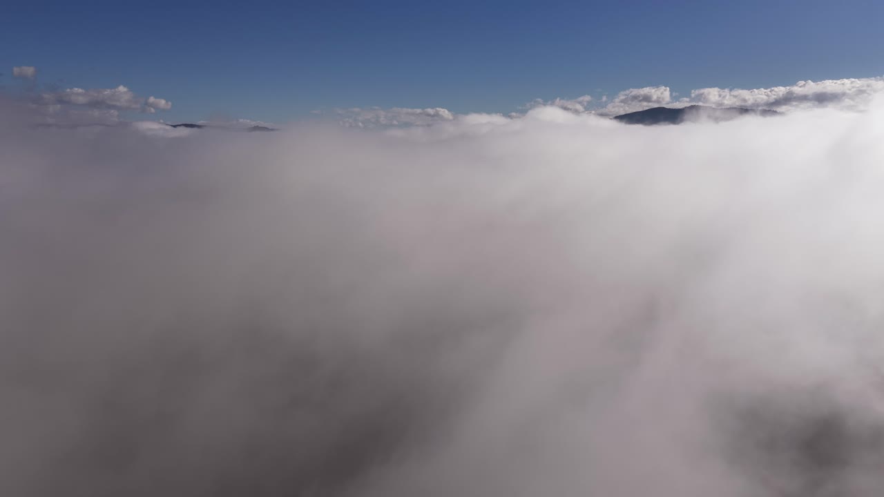 Sunny day reveal from inside the fog clouds on a river valley