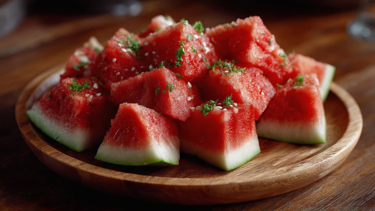 Deliciously Fresh Watermelon Cubes Plate Garnished with Herbs and Sea Salt, Perfect for a Refreshing Summertime Snack or Healthy Dessert Option