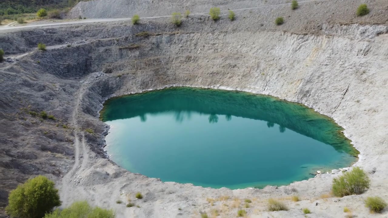 Turkos kratersjö i stenbrott, flygvy som visar lugnt vatten som reflekterar branta kritväggar och sparsam vegetation