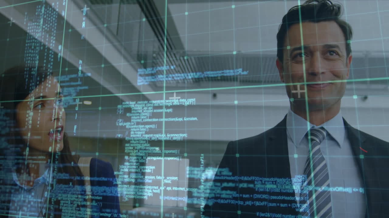 discusión de animación de procesamiento de datos, profesionales de negocios en el entorno de la oficina