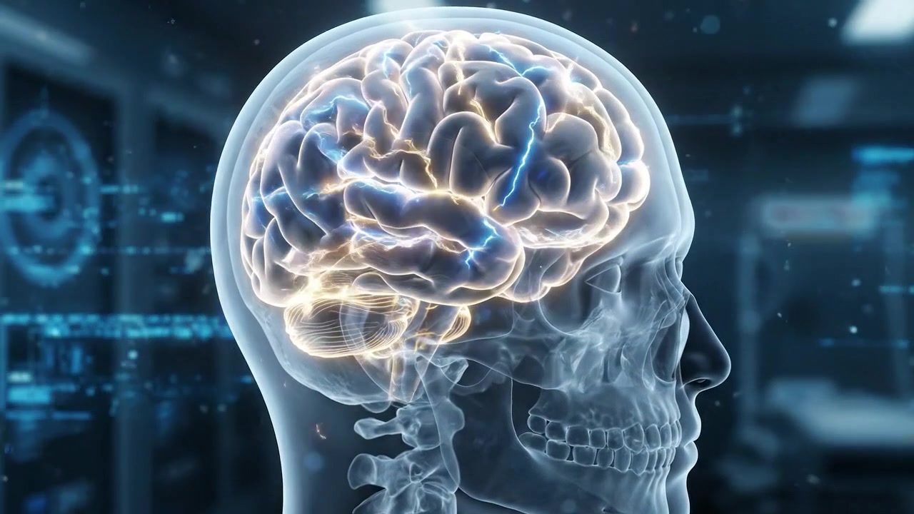 Digitaalinen lääketieteellinen renderöinti aivokuvauksesta, jossa aivot näkyvät läpinäkyvän pään sisällä digitaalisen diagnostiikkagrafiikan kera korkean teknologian kliinisessä ympäristössä