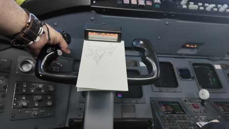 vista de cerca, fpv, de los controles de vuelo de un avión moderno visto por el piloto
