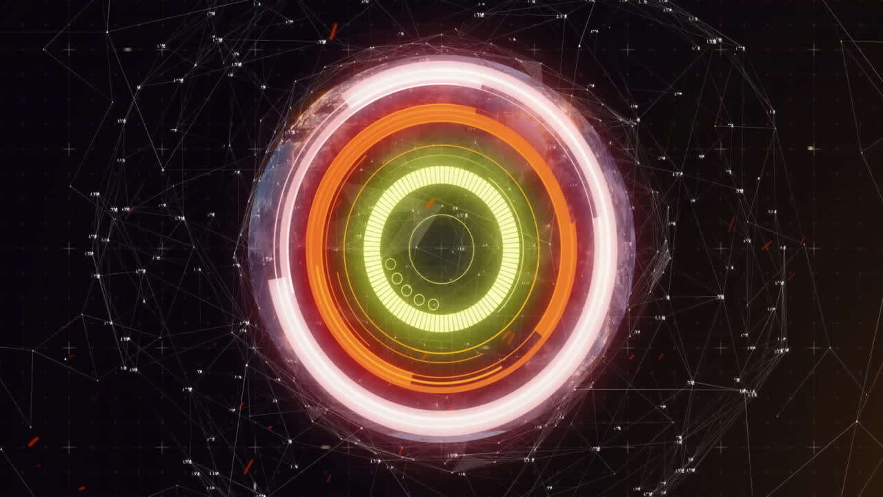 Rotating concentric circles and digital network animation on dark background