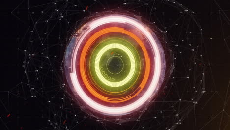 rotating concentric circles and digital network animation on dark background