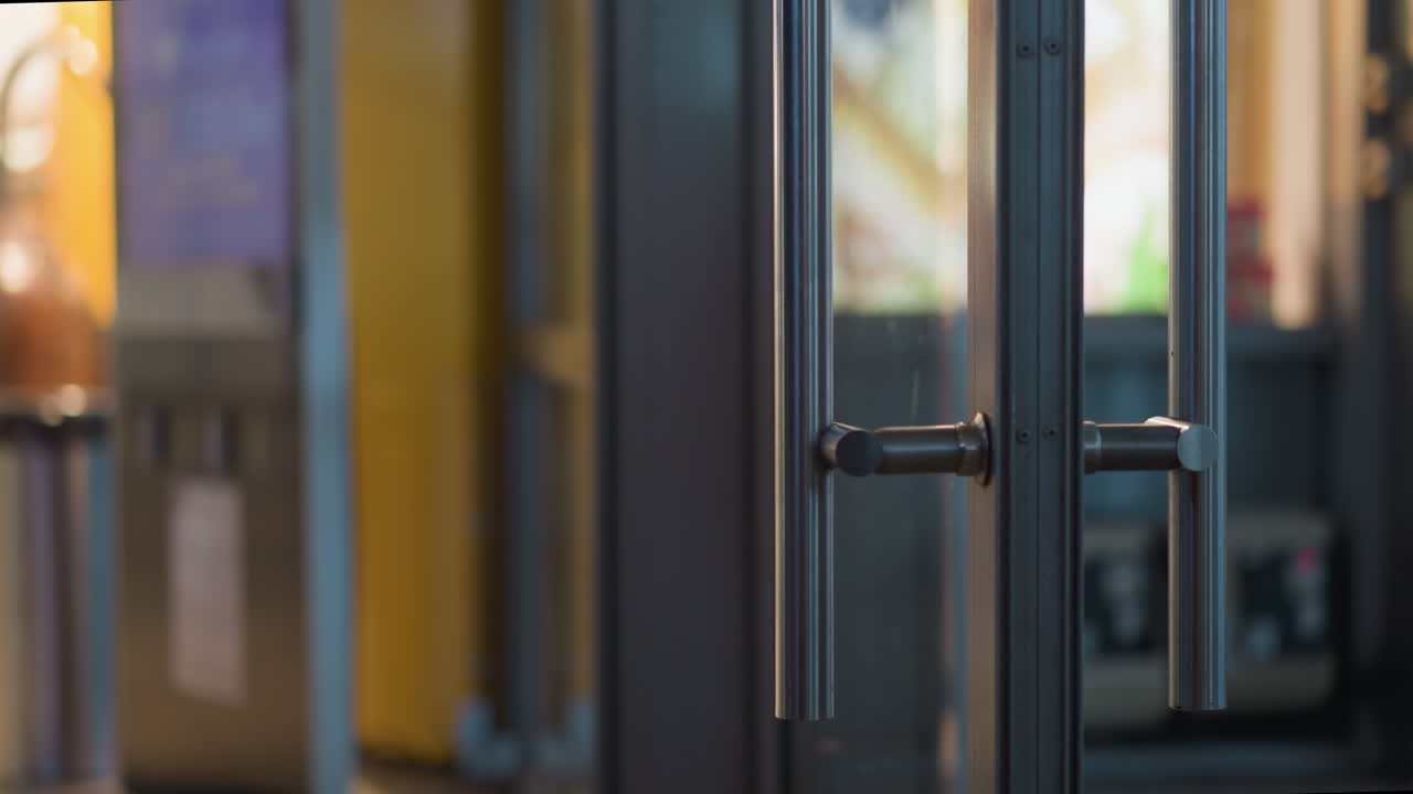 A close-up view of a glass door handle with a blurred background of a room, with people go in and out