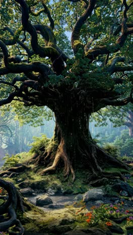 majestic tree with twisted branches, captured from a low-angle, evoking a fantasy video game forest