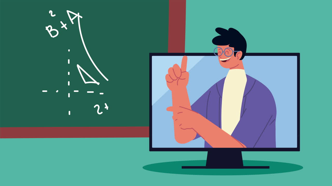 male teacher worker in desktop with chalkboard