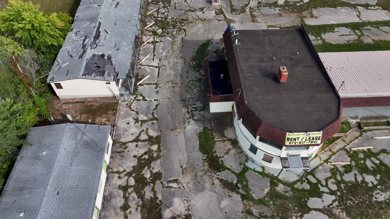 Aerial view of old, no longer open, Delta Motel In Sullivan, Missouri