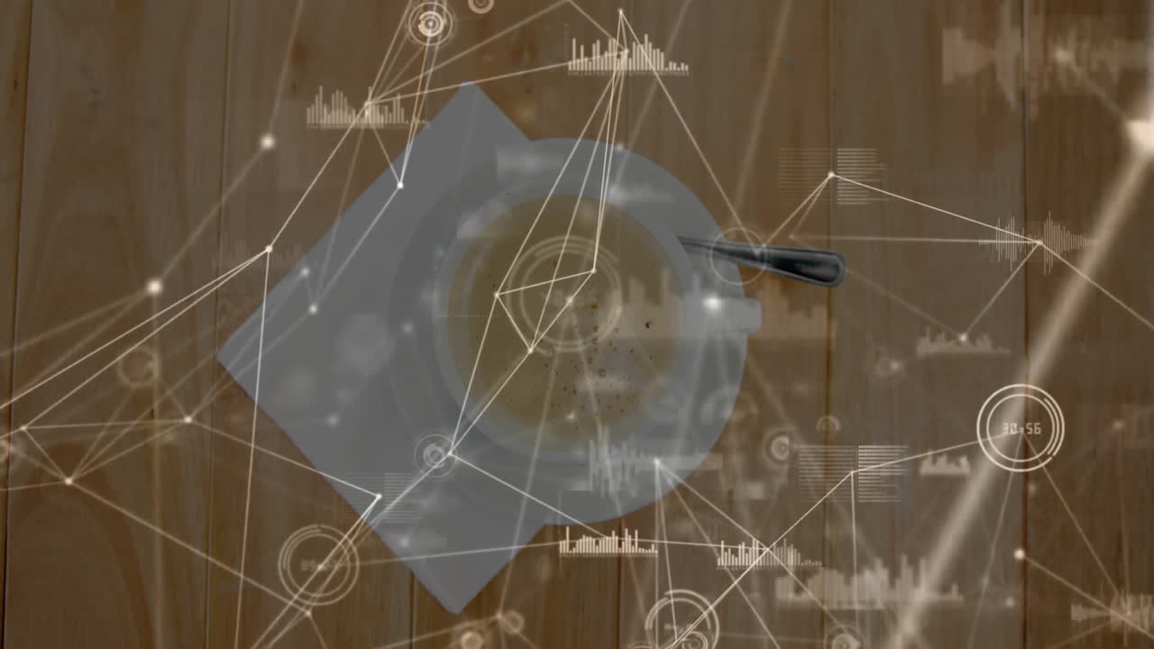 Ceramic coffee cup resting on napkin showing flat design data overlay moving across wooden table