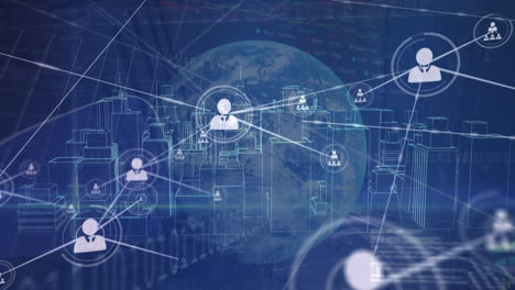 animation of connected icons, binary codes, trading board, computer language, globe and city model