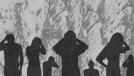 animación de siluetas de personas sobre formas en fondo gris