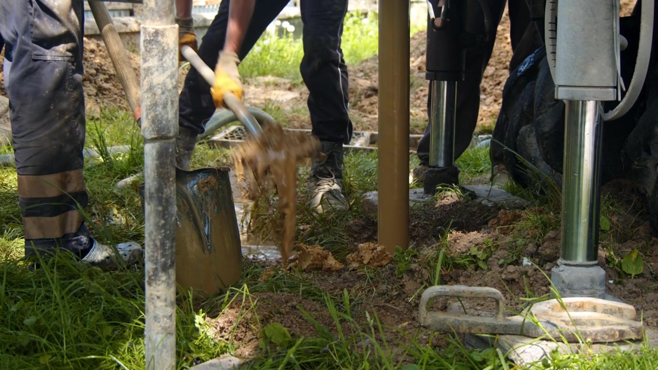 Workers drill for water well in rural area during daytime