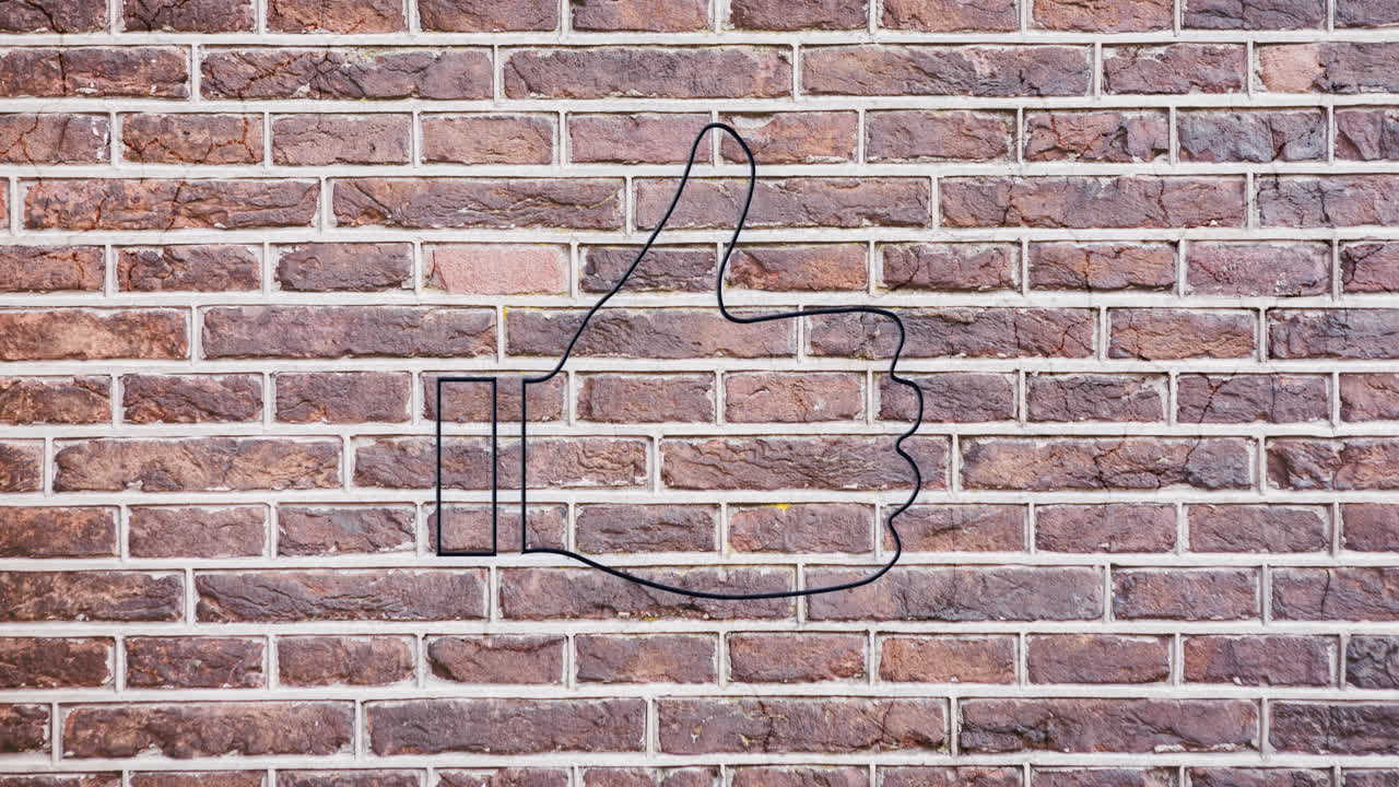 벽돌 벽에 빛나는 네온 엄지 손가락 아이콘의 애니메이션