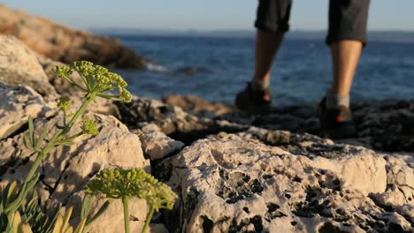 Man-contemplating-life-on-rocky-shore,-Taking-steps-towards-horizon-into-unknown