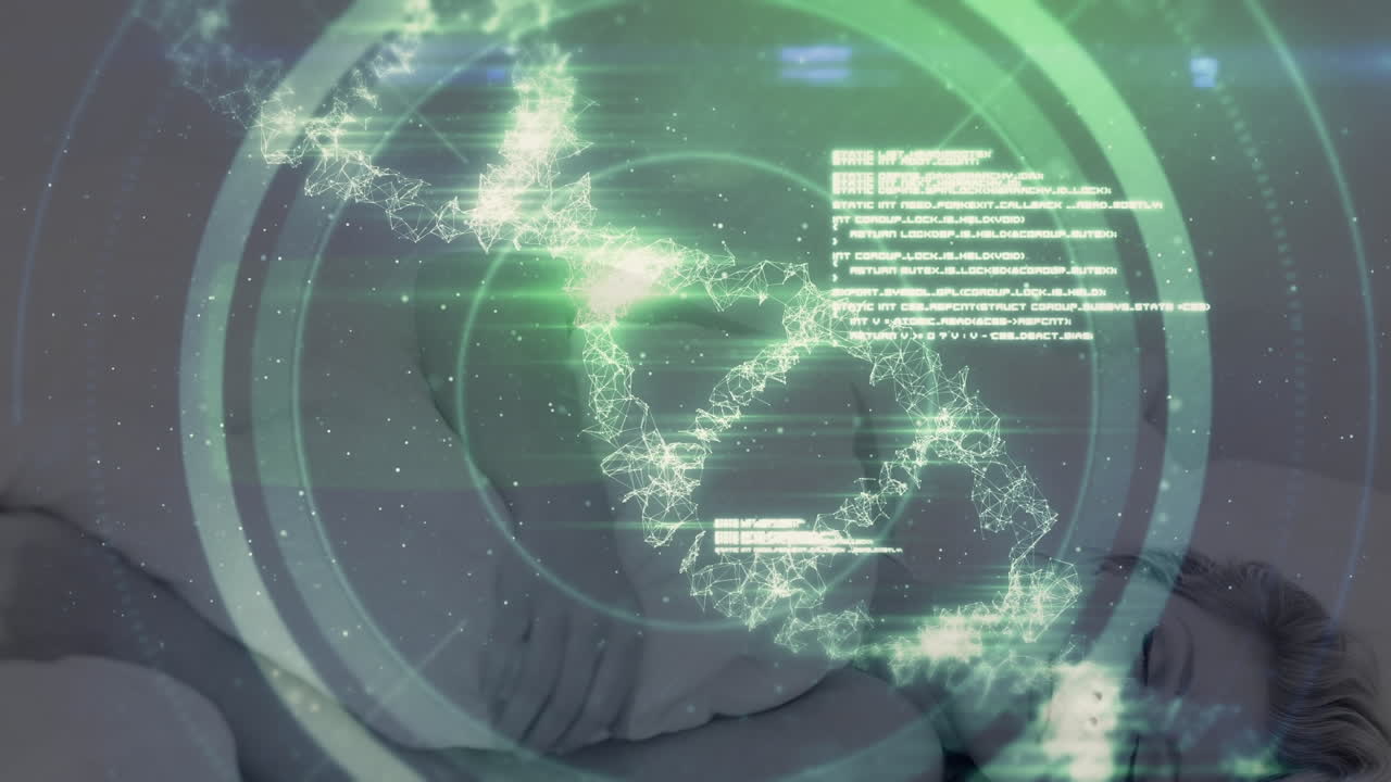 침대에서 자고 있는 백인 여성에 대한 dna 나선, 원 및 프로그래밍 언어의 애니메이션