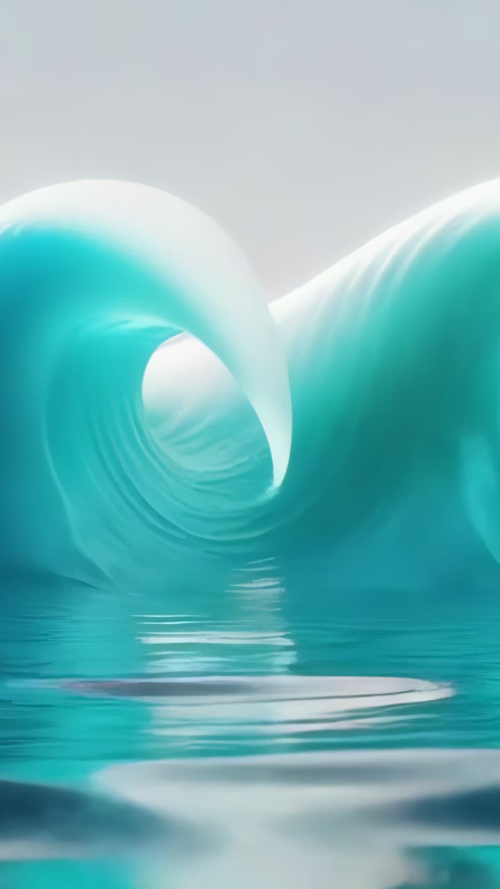 Vertical video: Curling stylized wave rotating, revealing tunnel at sea and reflecting surface